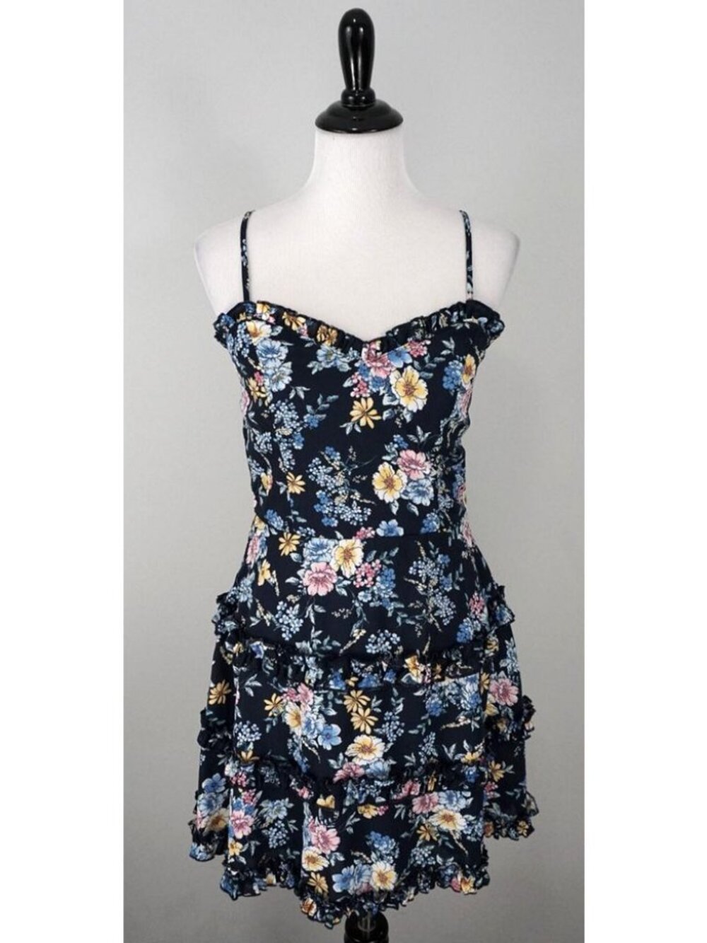 Francescas Trixxi Navy Blue Floral Sweetheart A-Line Ruffle Spring Dress Medium